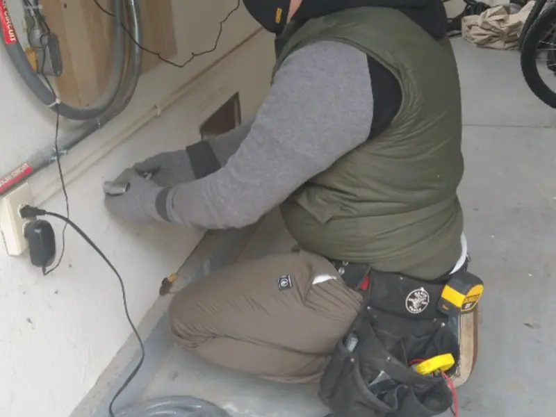 Electrician performing outlet wiring in a Kilgore garage